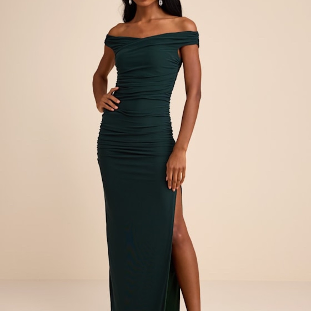 Lulus Scotia Dark Green Mesh Ruched Off-the-shoulder Maxi Dress - Size XL - Picture 1 of 1